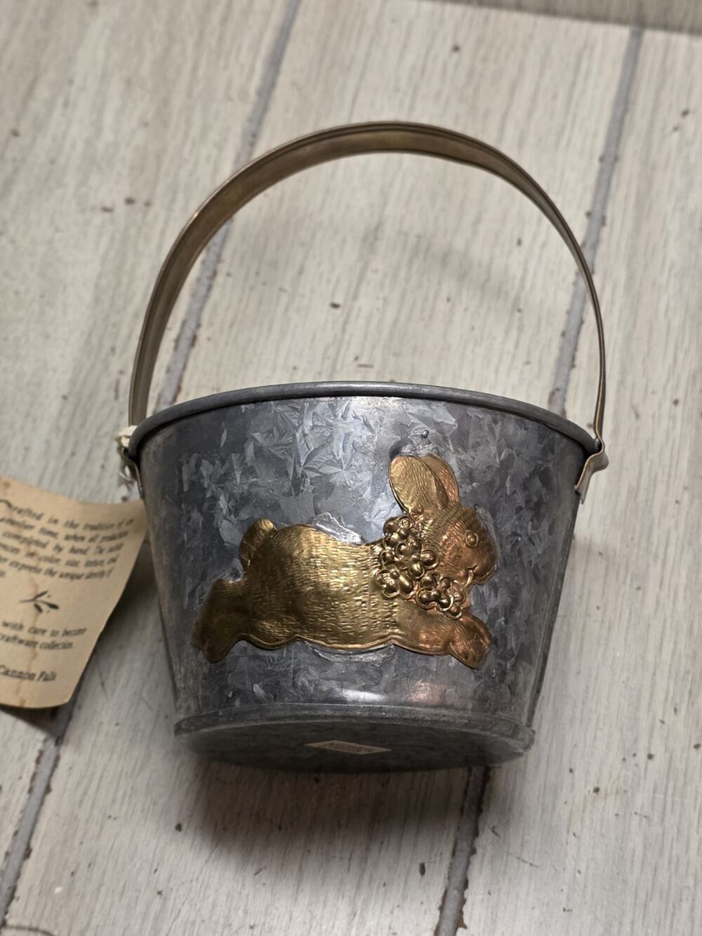 Vtg Galvanized Metal Pail Copper Bunny Rabbit Easter Basket Spring Handcrafted